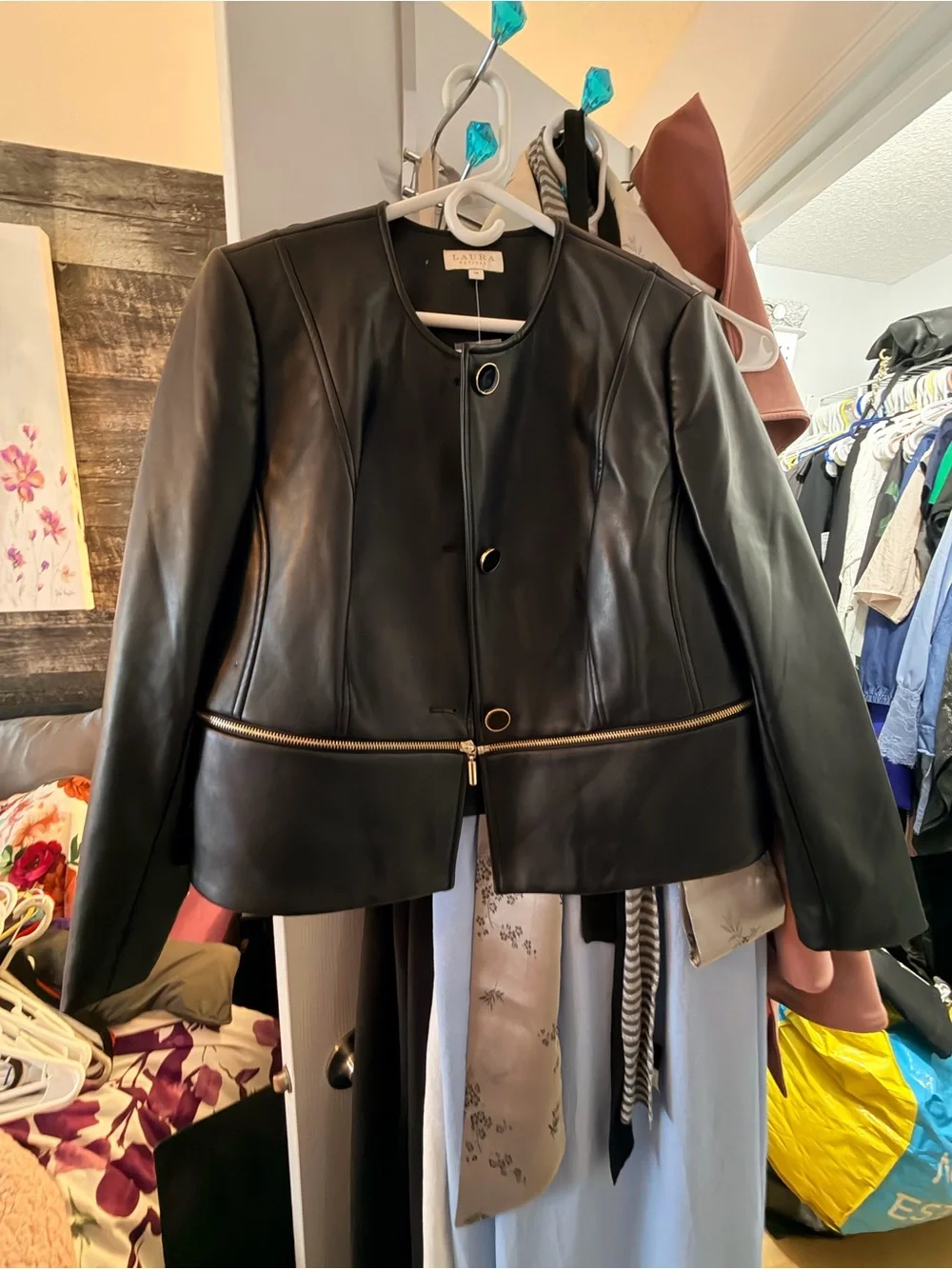 Faux Leather Black Bomber Jacket with Gold Zipper - Picture 1 of 6